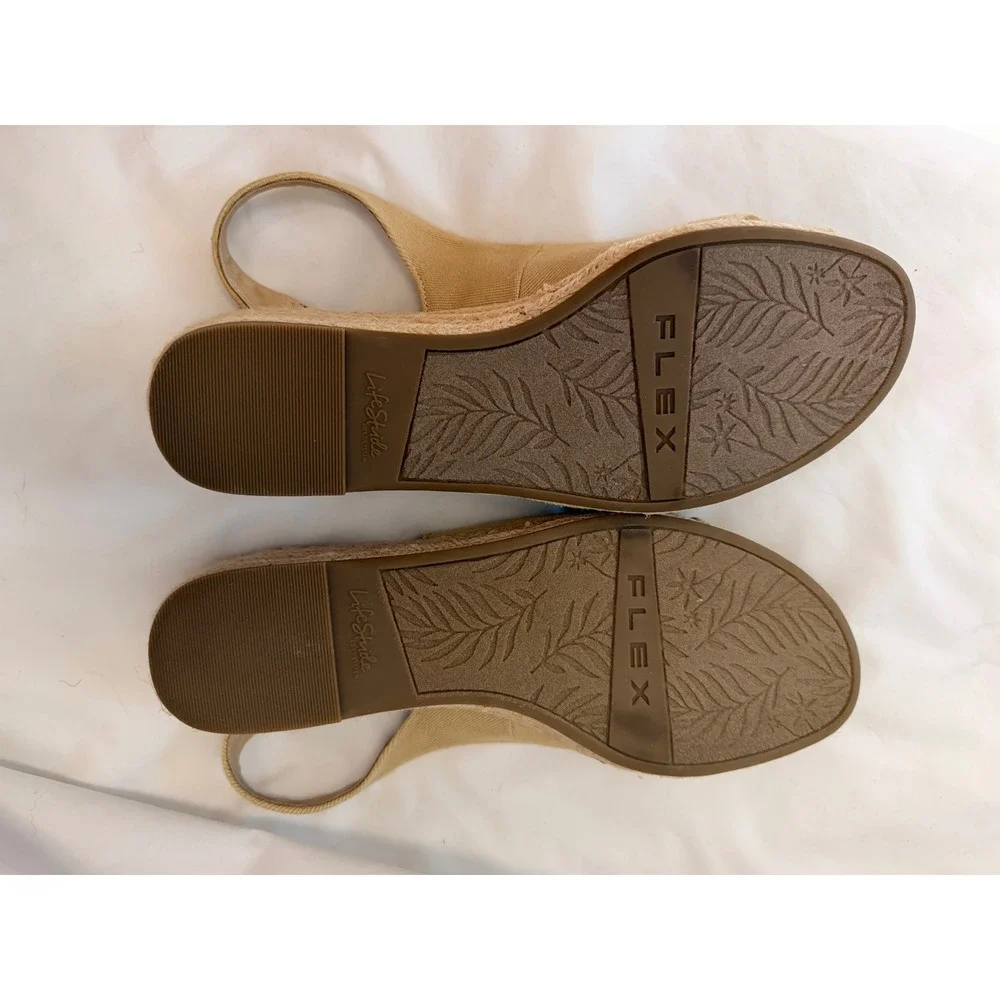 LifeStride Socialite Tan Fabric Espadrille Wedge Sandals Womens 9.5M Slingback